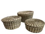 Basket round with lid of natural grass with beige ribbon set/3