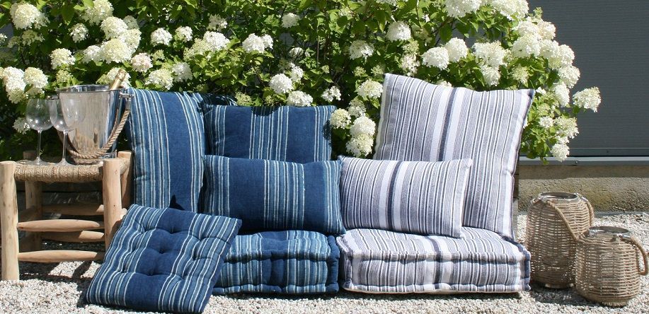 cushion cotton indigo blue ivory lines 50x30cm
