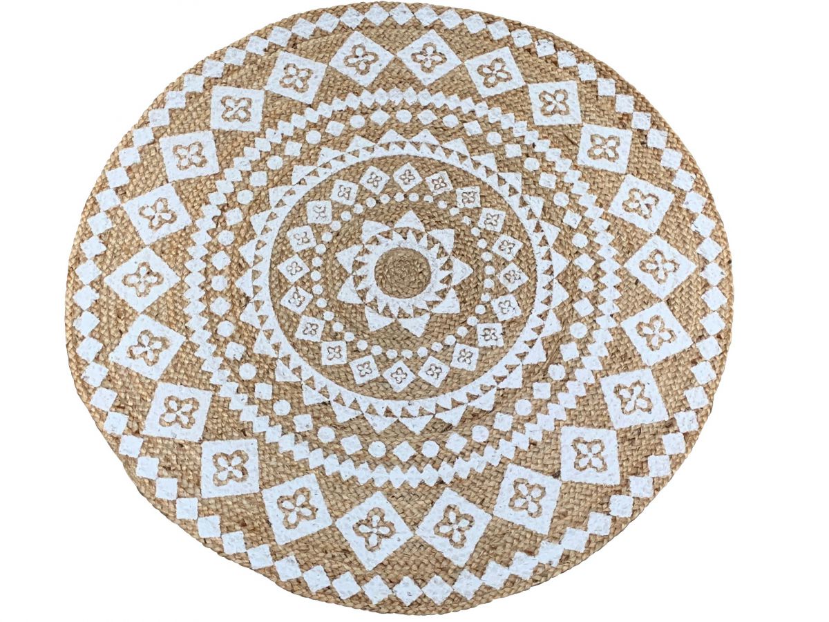 vloerkleed jute geweven print wit mandala 200 cm