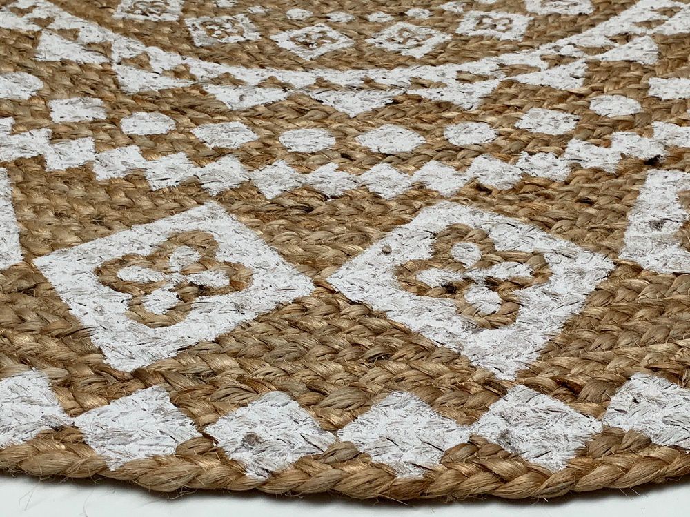 vloerkleed rond jute wit mandala print 120 cm